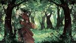  back-to-back black_hair blonde_hair bow_(weapon) closed_eyes elf elrond forest leaf legolas long_hair looking_away lord_of_the_rings male_focus multiple_boys nature pointy_ears profile starshadowmagician tree weapon wind 