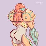  1girl arm_cannon ass back bottomless jetpack metroid mizaru power_suit samus_aran weapon 