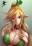 bikini blonde_hair blue_eyes breasts collar collarbone covered_nipples downscaled earrings elf green_bikini hair_ribbon highres jewelry large_breasts long_hair looking_at_viewer md5_mismatch pointy_ears ponytail resized ribbon signature solo sowel_(sk3) swimsuit upper_body 