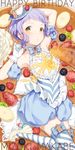 armband arms_up banana_slice bare_shoulders blueberry bow character_name choker cup detached_sleeves earrings food food_on_clothes frills fruit gingerbread_man gloves hair_twirling hand_behind_head happy_birthday hat high_heels idolmaster idolmaster_million_live! jewelry looking_at_viewer lying makabe_mizuki mimizubare on_back pancake pouring puffy_detached_sleeves puffy_sleeves pumpkin_pants purple_hair ribbon short_hair solo strawberry striped striped_legwear syrup teacup thigh_ribbon thighhighs white_gloves yellow_eyes 