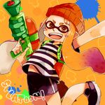  alternate_headwear beanie bike_shorts blush_stickers chino69 domino_mask flat_chest hat ink_tank_(splatoon) inkling jumping long_hair mask open_mouth orange_eyes orange_hair paint_splatter pointy_ears shirt sidelocks solo splatoon_(series) splatoon_1 splattershot_(splatoon) striped super_soaker t-shirt tentacle_hair 