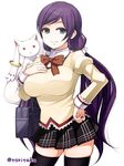  :3 bag black_legwear blush bow bowtie breasts cosplay cowboy_shot crossover green_eyes hand_on_hip kyubey large_breasts long_hair long_sleeves looking_at_viewer love_live! love_live!_school_idol_project mahou_shoujo_madoka_magica mitakihara_school_uniform purple_hair school_bag school_uniform simple_background smile thighhighs torigoe_takumi toujou_nozomi twintails twitter_username white_background 