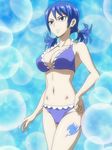  1girl bare_shoulders belly belly_button bikini blue_eyes blue_hair breasts cleavage fairy_tail female highres juvia_loxar large_breasts navel screencap solo stitched swimsuit tattoo thick_thighs thighs 