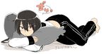  bangs barefoot bespectacled black_hair glasses hair_between_eyes ikeshita_moyuko kantai_collection long_hair lying nagato_(kantai_collection) on_stomach pants pillow pillow_hug red_eyes sleeves_past_wrists solo sweater sweatpants torpedo translation_request 