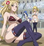  ass audience bare_shoulders bent_over bikini black_legwear blonde_hair blue_eyes blue_hair blush bracelet breasts brown cleavage earrings eyes fairy_tail feet flower gold hair_flower hair_ornament highres jenny_realight jewelry juvia_loxar knees_together_feet_apart large_breasts long_hair lucy_heartfilia multiple_girls necklace no_shoes screencap sitting smile solo stadium standing stitched striped striped_legwear swimsuit tattoo thigh_gap thighhighs twintails underboob 