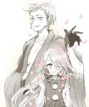  cherry_blossoms earrings eyes_visible_through_hair gloves grin hair_over_one_eye ima-no-tsurugi iwatooshi japanese_clothes jewelry male_focus monochrome multiple_boys one_eye_closed open_mouth petals popoin sharp_teeth smile spot_color teeth touken_ranbu 
