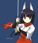 &gt;:( anabuki_tomoko animal_ears armor black_eyes black_hair blue_background fox_ears frown holding japanese_armor japanese_clothes katana kote kurokote long_hair looking_at_viewer makaze_(t-junction) simple_background solo sword twitter_username upper_body v-shaped_eyebrows weapon world_witches_series 