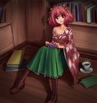  bell book bookshelf boots checkered collarbone cross-laced_footwear cup green_skirt hair_bell hair_ornament hater_(hatater) highres japanese_clothes long_skirt long_sleeves looking_at_viewer motoori_kosuzu non-web_source off_shoulder on_floor open_book open_mouth red_eyes red_hair short_hair sitting skirt smile solo tea teacup touhou two_side_up wide_sleeves 