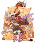  agumon android armor bandai botamon chibi claws digimon digimon_adventures dragon evolution fangs green_eyes greymon helmet horns koromon metalgreymon monster muscle red_eyes red_hair rocket shield smile star-shaped_pupils tail takio wargreymon weapon yagami_taichi 