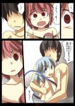  2girls angry bad_hands blue_hair check_translation empty_eyes faceless faceless_male flat_chest gaoo_(frpjx283) green_eyes highres hug komeiji_koishi komeiji_satori multiple_girls nude pink_eyes pink_hair third_eye touhou translated translation_request yandere 