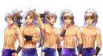  brown_eyes brown_hair collage collarbone constricted_pupils crossed_arms fuwa_raizou hachiya_saburou hakama highres hip_vent japanese_clothes kukuchi_heisuke long_hair male_focus multiple_boys ohama_kan'emon okada_(hoooojicha) pectorals ponytail pose rakudai_ninja_rantarou shirtless takeya_hachizaemon toned toned_male vambraces 