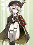  armor cape flower garters green_eyes grey_legwear hat hotarumaru japanese_armor kneehighs male_focus ootachi popoin shoulder_armor silver_hair sitting sock_garters sode solo sword touken_ranbu weapon 