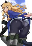  :o animal_ears ass black_legwear blonde_hair brown_eyes cat_ears cat_tail crotch_seam from_behind glasses highres komusou_(jinrikisha) long_hair looking_at_viewer looking_back panties panties_under_pantyhose pantyhose perrine_h_clostermann solo strike_witches tail trefoil underwear white_panties world_witches_series 