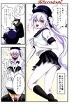  1girl :d admiral_(kantai_collection) alternate_costume blush comic contemporary covering covering_crotch destroyer_hime full-face_blush hat kantai_collection kuroba_dam long_hair open_mouth pale_skin red_eyes school_uniform serafuku shinkaisei-kan side_ponytail smile solo_focus translation_request twitter_username very_long_hair white_hair white_skin 