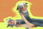  ;d checkered checkered_background cott dark_skin detached_sleeves flat_chest goat_girl goat_horns goat_tail horns lying monster_musume_no_iru_nichijou multiple_girls one_eye_closed open_mouth overalls pointy_ears siblings silver_hair sisters sitting sketch smile surappi tail tawn twins yellow_eyes 