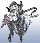  alternate_weapon anchor assault_rifle belt blue_eyes commentary double-breasted gun hibiki_(kantai_collection) highres kantai_collection long_hair rifle sanari_(quarter_iceshop) scarf shoes silver_hair solo thighhighs very_long_hair weapon 