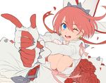  blue_eyes blush breasts cleavage_cutout dress earrings elphelt_valentine flower gloves guilty_gear guilty_gear_xrd hairband hat ikezaki_misa jewelry large_breasts one_eye_closed pink_hair red_flower red_rose rose short_hair solo spikes veil 