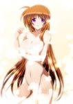  :d bathing breasts brown_hair cleavage convenient_censoring cowboy_shot highres ka2 large_breasts long_hair looking_at_viewer lyrical_nanoha mahou_shoujo_lyrical_nanoha_strikers nude open_mouth purple_eyes showering smile solo standing steam steam_censor takamachi_nanoha water 