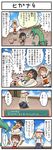  2girls 4koma black_hair brown_hair cape closed_eyes comic crying food furigana gen_3_pokemon gen_5_pokemon hair_ribbon haruka_(pokemon) higana_(pokemon) japanese_clothes multiple_girls old_man pokemoa pokemon pokemon_(creature) pokemon_(game) pokemon_oras rayquaza ribbon short_hair shorts sleeveless smile sushi tan tears translated vanillite whismur 