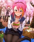  casual cherry_blossoms food hamburger hanami hands_on_own_cheeks hands_on_own_face idolmaster idolmaster_million_live! jacket jewelry julia_(idolmaster) kebab letterman_jacket maihama_ayumu multicolored_hair multiple_girls nagayoshi_subaru necklace official_art open_mouth pants pantyhose picnic picnic_basket plaid plaid_pants shoes_removed streaked_hair thighhighs wavy_mouth 