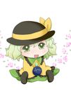  blush bow chibi commentary floral_background frilled_shirt_collar frilled_sleeves frills green_eyes green_hair hat hat_bow hat_ribbon komeiji_koishi long_hair long_sleeves open_mouth ribbon sitting sleeves_past_wrists solo third_eye touhou wide_sleeves yuzuna99 