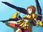  blue_background blue_eyes breasts brown_hair gundam gundam_build_fighters gundam_build_fighters_try hoshino_fumina large_breasts mecha_musume ponytail simple_background solo super_fumina 