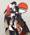  2girls akimichi_chouchou black_hair cape carrying dark_skin father_and_daughter glasses long_hair multiple_girls naruto naruto_(series) oba-min orange_hair red-framed_eyewear short_hair uchiha_sarada uchiha_sasuke 