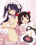  :d :o absurdres black_hair blush brown_hair eyepatch flat_chest flower-shaped_pupils highres kagura_(senran_kagura) lolita_fashion long_hair maid_headdress mirai_(senran_kagura) multiple_girls no_nipples official_art open_mouth outline pink_ribbon red_eyes ribbon senran_kagura sitting smile stuffed_animal stuffed_toy symbol-shaped_pupils two_side_up wrist_cuffs yaegashi_nan 