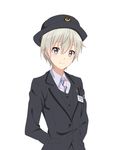  androgynous arms_behind_back blue_eyes dress_shirt female_service_cap formal hat looking_at_viewer male_focus name_tag necktie oriki_tomoko otoko_no_ko shirt short_hair silver_hair simple_background smile solo suit suit_jacket totsuka_saika uniform vest white_background yahari_ore_no_seishun_lovecome_wa_machigatteiru. 