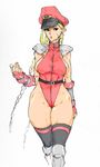  1girl alternate_costume blonde_hair breasts cammy_white capcom cosplay female fingerless_gloves gloves hat kneeling kyura_(kyura9een) long_hair no_bra simple_background solo street_fighter street_fighter_iv twin_braids vega vega_(cosplay) white_background 