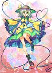  flower green_eyes green_hair hat hat_ribbon heart heart_of_string komeiji_koishi long_sleeves open_mouth outstretched_arms ribbon rose shirt skirt smile solo third_eye touhou umigarasu_(kitsune1963) wide_sleeves 