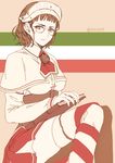  book brown_eyes brown_hair glasses italian_flag kantai_collection nagomi_(mokatitk) nail_polish roma_(kantai_collection) sitting solo striped striped_legwear twitter_username 