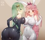  animal_ears ass asymmetrical_docking bare_shoulders black_gloves blush bodysuit breast_press breasts bunny_ears covered_navel covered_nipples elbow_gloves gloves green_eyes green_hair hair_ornament hair_ribbon large_breasts long_hair looking_at_viewer multiple_girls original pink_hair red_eyes ribbon sabakamen sengoku_bushouki_muramasa simple_background skin_tight smile white_gloves 