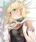  angry arm_warmers blonde_hair blush downscaled earrings geppewi green_eyes hair_twirling jewelry looking_away md5_mismatch mizuhashi_parsee on_bed pointy_ears ponytail resized scarf short_hair short_sleeves solo tears touhou upper_body 