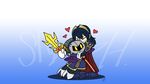  1girl blue_hair cape closed_eyes commentary copyright_name fingerless_gloves fire_emblem fire_emblem:_kakusei galaxia_(sword) gloves gradient gradient_background heart hug kirby_(series) kneeling lucina mask meta_knight monjava smile super_smash_bros. sword tiara weapon yellow_eyes 