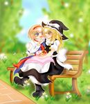  alice_margatroid ascot bad_id bad_pixiv_id blonde_hair blue_eyes blush capelet chi-chi couple eating flower food hairband hat highres hug kirisame_marisa long_hair multiple_girls open_mouth short_hair sitting smile touhou witch_hat yellow_eyes yuri 