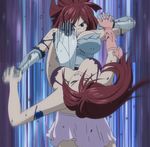  1girl armor bare_shoulders breasts cleavage erza_knightwalker erza_scarlet fairy_tail female fight hair_over_one_eye highres large_breasts long_hair red_hair scarf screencap serious solo stitched tattoo 