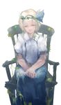  alice_margatroid alice_margatroid_(pc-98) blonde_hair bow chair closed_eyes hairband highres image_sample kouzuki_kei long_skirt own_hands_together puffy_sleeves shirt short_hair short_sleeves simple_background sitting skirt smile solo touhou touhou_(pc-98) twitter_sample white_background wreath 