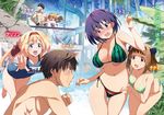 4girls :d :o allison_(shinshoku_reconquista) angry arm_up armpits back bangs bare_shoulders barefoot bent_over bikini black_hair blonde_hair blue_bow blue_eyes blue_swimsuit blunt_bangs blush bow breasts brown_eyes brown_hair character_name cleavage clenched_hand clenched_hands clenched_teeth closed_mouth clothes_writing dress embarrassed eyebrows_visible_through_hair food_print furrowed_eyebrows green_bikini groin hair_between_eyes hair_bow hairband halterneck hand_on_another's_hip hand_on_hip hand_up happy highres hitomi_(shinshoku_reconquista) hut interior inue_shinsuke jealous large_breasts leaf leaning_to_the_side leg_lift leg_up legs_together looking_down male_swimwear masaki_(shinshoku_reconquista) medium_breasts multiple_boys multiple_girls name_tag nanami_(shinshoku_reconquista) navel niina_(shinshoku_reconquista) nipples nose_blush novel_illustration official_art one-piece_swimsuit one_side_up open_mouth outstretched_arm outstretched_arms outstretched_hand palm_tree ponytail pool print_bikini print_dress profile purple_eyes purple_hair reaching red_bow red_hairband rock school_swimsuit scrunchie shinshoku_reconquista shirtless short_hair side-tie_bikini slapping small_breasts smile standing standing_on_one_leg strap_gap string_bikini sundress swim_trunks swimsuit swimwear tears teeth thigh_gap toned tongue tooru_(shinshoku_reconquista) translated tree underboob upper_teeth v-shaped_eyebrows water water_slide waterfall watermelon_print waterpark white_dress white_scrunchie wrist_scrunchie 