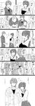  1boy 3girls ? arm_hug bangs blunt_bangs blush comic commentary confession eyebrows greyscale haguro_(kantai_collection) hair_ornament hair_ribbon heart highres japanese_clothes kaga_(kantai_collection) kantai_collection long_hair mechanic_sengoku monochrome multiple_girls muneate murakumo_(kantai_collection) nagomi_(mokatitk) o_o open_mouth proposal remodel_(kantai_collection) ribbon short_eyebrows short_hair side_ponytail smile spoken_ellipsis spoken_heart translated tress_ribbon wrench 