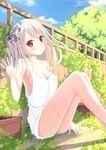  bare_arms blush breasts cleavage collarbone commentary_request day dress fence flower flower_pot grass hair_bobbles hair_ornament highres karutamo legs long_hair looking_at_viewer medium_breasts moss original outdoors red_eyes sitting sleeveless sleeveless_dress smile solo strap_slip sundress tisshu_(karutamo) tree white_hair 