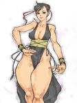  1girl alternate_costume bare_shoulders braid breasts capcom china_dress chinese_clothes chun-li dress female kyura_(kyura9een) nipples short_hair simple_background smile solo street_fighter street_fighter_ii street_fighter_iv thick_thighs thighs 