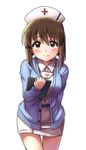  absurdres blush bob_cut brown_eyes brown_hair hagiwara_yukiho hat highres idolmaster idolmaster_(classic) looking_at_viewer nurse nurse_cap rariemonn short_hair solo 