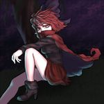  ankle_boots arm_rest boots cape cloud covering_mouth grass knee_up long_sleeves looking_at_viewer miata_(miata8674) night purple_sky red_eyes red_hair sekibanki short_hair sitting skirt solo touhou willow 