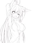  animal_ear_fluff animal_ears breasts eyebrows_visible_through_hair fox_ears highres large_breasts lineart long_hair monochrome one_eye_closed open_clothes open_shirt original shirt sogaya solo 