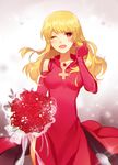  apring bad_id bad_pixiv_id banned_artist blonde_hair bouquet dress earrings elbow_gloves elysion flower gloves jewelry long_hair necklace one_eye_closed red_dress red_eyes red_gloves smile solo sound_horizon stella_(sound_horizon) 