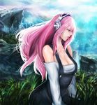  absurdres bare_shoulders blush breasts cleavage headphones highres large_breasts long_hair moonbo nitroplus overalls pink_eyes pink_hair solo super_sonico 