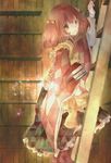  apron bell bookshelf boots checkered checkered_clothing expressionless hair_bell hair_ornament japanese_clothes kimono ladder light_particles long_sleeves looking_at_viewer motoori_kosuzu orange_eyes red_hair solo touhou two_side_up yayanehiro 