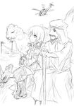  1girl age_difference aircraft arabian arabian_clothes beard boots camel canteen city dakku_(ogitsune) damaged desert facial_hair gloves greyscale headset helicopter jerry_can military military_vehicle monochrome soldier strike_witches_1991 striker_unit tree uniform walking_stick world_witches_series 