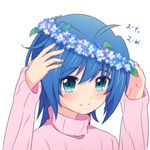  ahoge blue_eyes blue_hair blush cardfight!!_vanguard darou flower male_focus open_mouth ribbed_sweater sendou_aichi smile solo sweater turtleneck wreath 